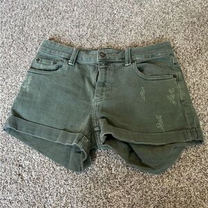Green Distressed Jean Shorts with Cuffed Hem